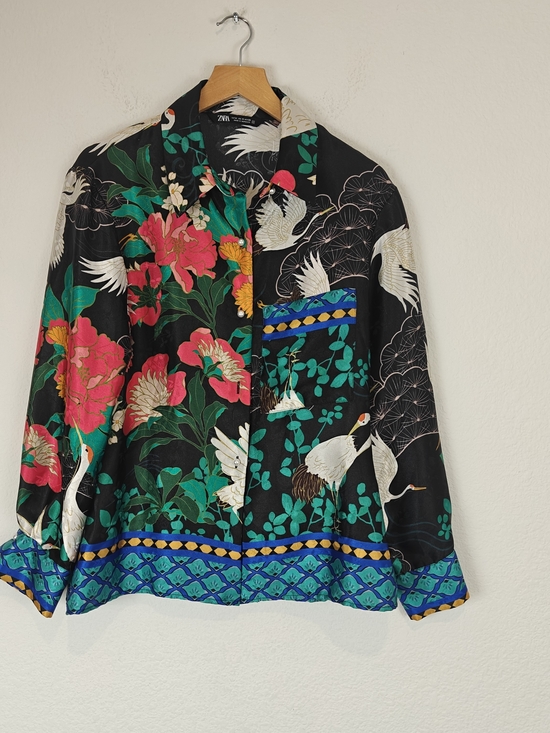 Zara Tops - Zara Oriental Crane Satin Blouse Floral Bird Print Black Pink Green Size M